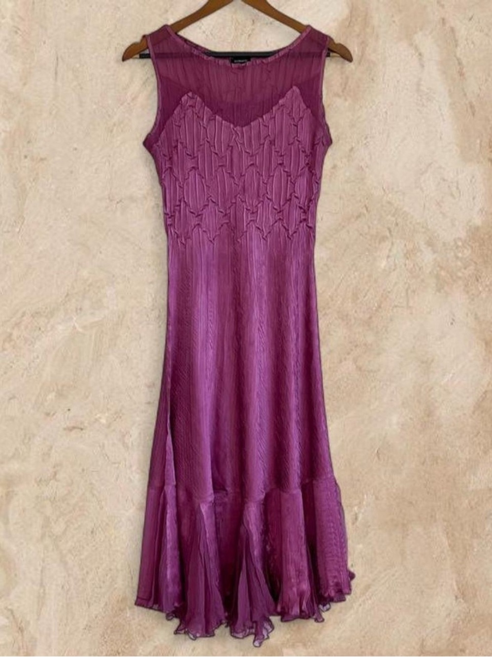 Komarov Purple Crinkle Chiffon Fairy Sleeveless Midi Dress with Smocked Bodice